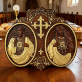 Sacred Hearts of Jesus & Mary Beechwood Plaque – Hand-Carved Devotional Art for Home Prayer