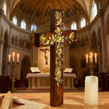 Hand-Carved Rose Cross Wall Art ✝️🌹 | Solid Beechwood Christian Decor with Golden Flowers