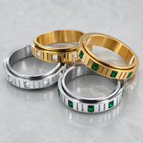 6mm Grooved Square Green CZ Rotatable Spinner Stainless Steel Ring