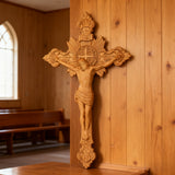 Wood Carving of Jesus Cross with St. Benedict's Exorcism