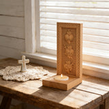 Holy Family Three Sacred Hearts Candlestick Wooden Carved Tabletop Arrangement