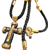 Gold-colored Braided Leather Cord Crucifix Necklace - BGCOPPER