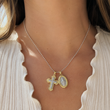 Two Charms Necklace, Iced Cross & Miraculous Medal Pendant, 316L Stainless Steel Religious Ball Chain Jewelry