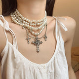 Multi-layer cross pearl necklace - BGCOPPER