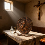 Religiöse Ikone des Heiligen Benedikt, geschnitzte Wand dekoration aus Naturholz