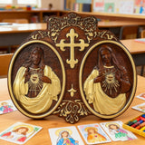 Sacred Hearts of Jesus & Mary Beechwood Plaque – Hand-Carved Devotional Art for Home Prayer
