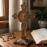 Hand-Carved Beechwood Saint Benedict Crucifix – Double-Sided Christian Standing Cross
