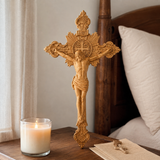 Wood carving of the Cross of the Order of Saint Benedict - with base