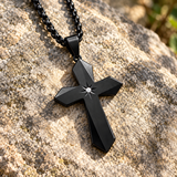 North Star Faceted Cross Necklace – Titanium Steel Christian Pendant with CZ, 24-Inch Chain