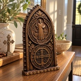 Hand-Carved Beechwood St. Benedict Medal Desktop Ornament