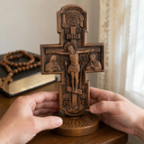 Double-Sided Icon Wood Carving ✝️ | Hand-Carved Crucifix & Saints Beechwood Wall Art