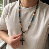 African Pine Tiger Eye Rosary Necklace - Christian gift presentation