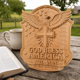 God Bless America Wooden Wall Plaque – Hand-Carved Beechwood Eagle Cross Decor, 1776–2026 250th Anniversary