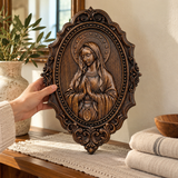 Hand-Carved Virgin Mary Prayer Wall Plaque – Ornate Beechwood Catholic Religious Decor,