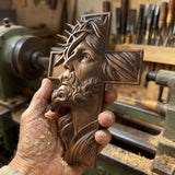 Handcrafted Beechwood Cross: Jesus with the Crown of Thorns
