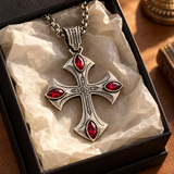 Vintage Red Zircon Cross Pendant Necklace, Religious Faith Men’s Necklace