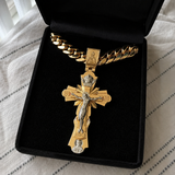 Gold-Plated Copper Crucifix Pendant with Jesus Christ and Religious Figures
