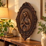 Hand-Carved Virgin Mary Prayer Wall Plaque – Ornate Beechwood Catholic Religious Decor,