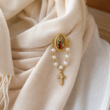 Our Lady of Guadalupe 11-Pearl Brooch with Crystal Cross Pendant
