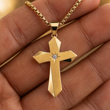 North Star Faceted Cross Necklace – Titanium Steel Christian Pendant with CZ, 24-Inch Chain