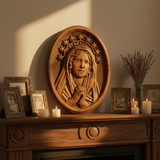 Our Lady in Tears and Prayer with a Nine-Star Halo — Hand-Carved Beechwood Statue