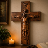 Hand-Carved Beechwood Holy Trinity Crucifix Wall Cross – Christian Home Prayer Decor
