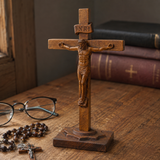Hand-Carved Beechwood Crucifixion of Jesus Standing Cross – Christian Prayer & Home Altar Decor