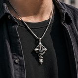 S925 Silver Serpent Cross Pendant Necklace with Green Gemstone