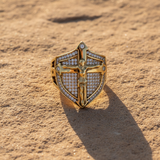 Vintage Gold Shield Crucifix Men's Ring – Faith, Protection & Bold Style - design detail