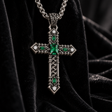 Vintage Green Stone Cross Pendant Necklace for Men