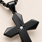 Faceted Eight Point North Star CZ Inlay Stainless Steel Cross Necklace
