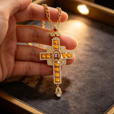 Orthodox Three-Bar Crown Gem Cross Pendant Necklace
