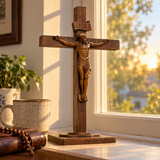 Hand-Carved Beechwood Crucifixion of Jesus Standing Cross – Christian Prayer & Home Altar Decor