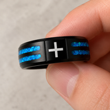 Black Polished Blue Opal Inlay Laser Engraved Cross Stainless Steel Ring