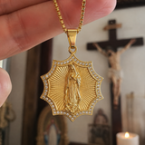 Gold Octagonal Star CZ Our Lady of Guadalupe Necklace, 3D Embossed Radiant Titanium Steel Religious Pendant Box Chain for Men