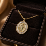 Oval Baguette Cubic Zirconia Saint Jude Medal Necklace, Gold Plated Brass St. Jude Pendant Religious Jewelry