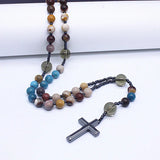 New African pine yellow tiger eye vintage natural stone long cross rosary necklace - BGCOPPER