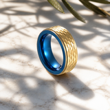 Two-Tone Hammered Titanium Steel Ring, Gold Exterior & Blue Inner Band, 8mm Wide Comfort Fit Wedding Band, Unique Promise Ring for Men