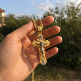 Gold-Plated Copper Crucifix Pendant with Jesus Christ and Religious Figures