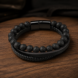 Triple Strand Natural Tiger Eye & Lava Rock Braided Leather Men’s Bracelet