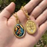 Our Lady of Guadalupe Gold-Tone Oval Pendant Necklace – Double-Sided Virgin Mary Christian Jewelry