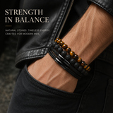 Triple Strand Natural Tiger Eye & Lava Rock Braided Leather Men’s Bracelet