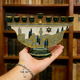 Jerusalem Skyline Hanukkah Menorah – Cloisonné Enamel Judaica Candle Holder