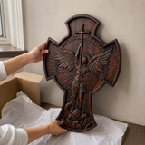 Hand-Carved Beechwood Archangel Michael Wall Cross – Quis Ut Deus Christian Home Decor