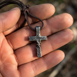 Hand Forged Steel Cross Pendant with Leather Cord – Rustic Christian Necklace for Men