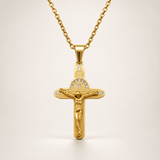 Crucifix Cross Necklace with Crystals, 316L Stainless Steel Religious Pendant for Men