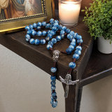 Hand Woven Holy Trinity Crucifix Mary Holy Medal Blue Rosary - design detail