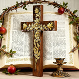 Hand-Carved Rose Cross Wall Art ✝️🌹 | Solid Beechwood Christian Decor with Golden Flowers