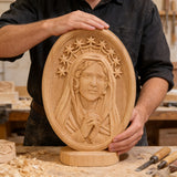 Our Lady in Tears and Prayer with a Nine-Star Halo — Hand-Carved Beechwood Statue