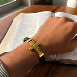 Wheat‑Textured Cross Titanium Steel Braided Leather Men’s Bracelet - craftsmanship detail